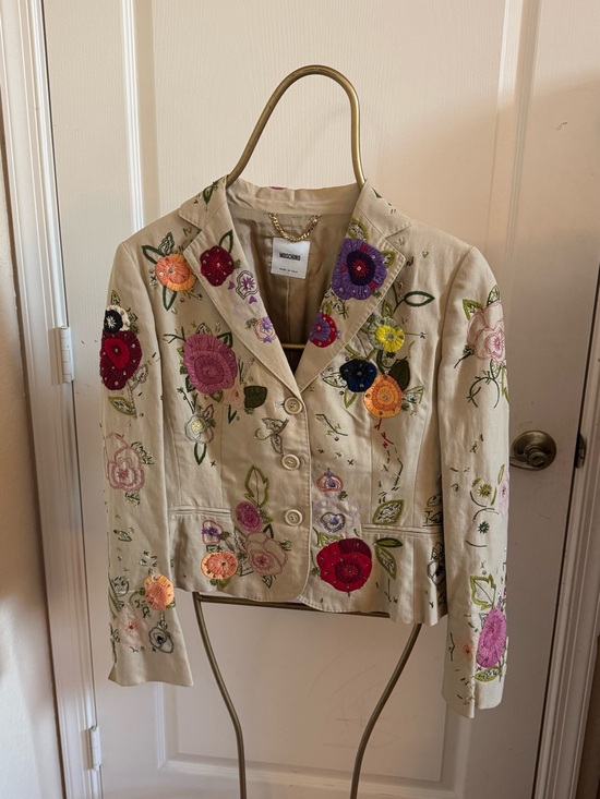 Moschino Jackets & Blazers - Vintage Moschino Multi Color Embroidered on a Beige Background